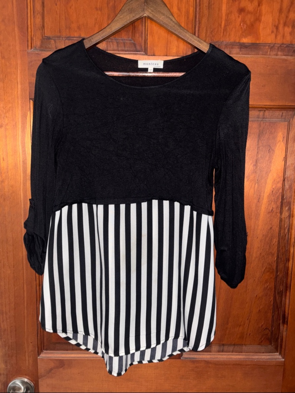 Black Layered Top with Black & White Striped Hem